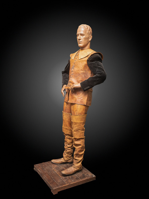 Lifesize Vintage Wooden Mannequin featuring articulated arms and legs, a ceramic head and full Musketeer outfit by Artista Desconhecido