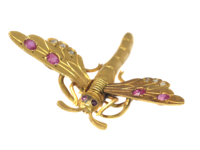 Antique Victorian hair clip brooch 18K gold dragonfly rose cut diamonds rubies by Unknown artist