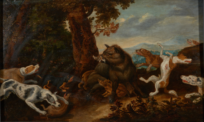 17th C Wild Boar Hunt, Attr. to Jan van Kessel (Antwerp,1626 -Antwerp,1679) on Panel marked by Guilliam Gabron (1609-1662), Antwerp, Oil on Oak by Artista Desconocido