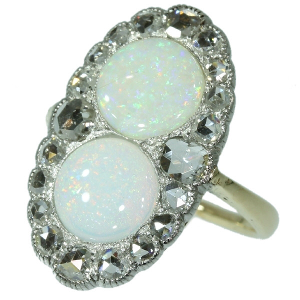 Antique Victorian engagement ring with rose cut diamonds and cabochon opals by Artista Sconosciuto