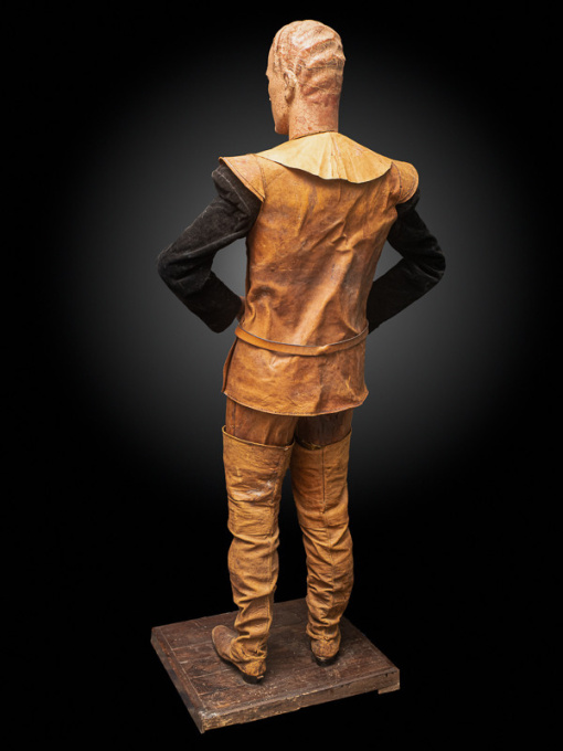 Lifesize Vintage Wooden Mannequin featuring articulated arms and legs, a ceramic head and full Musketeer outfit by Artista Desconhecido