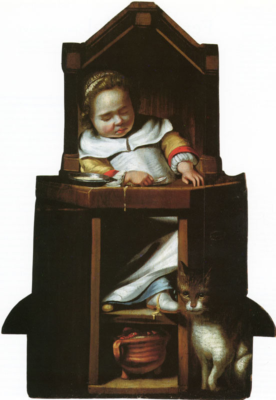 Attributed to Johannes Cornelisz. Verspronck (Haarlem, 1600-1662) - Dummy board of a sleeping boy in his high chair ca. 1650, oil on panel.