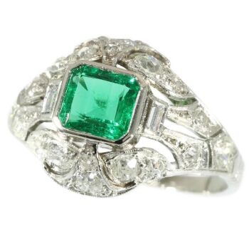 Platinum estate diamond engagement ring with truly magnificent Colombian emerald by Unknown artist