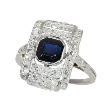 Circa 1930 Art Deco sapphire ring framed by fifty rose cut diamonds by Unknown artist