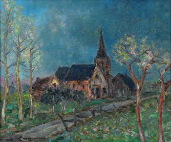 Landscape with church tower by Antoon Kruysen