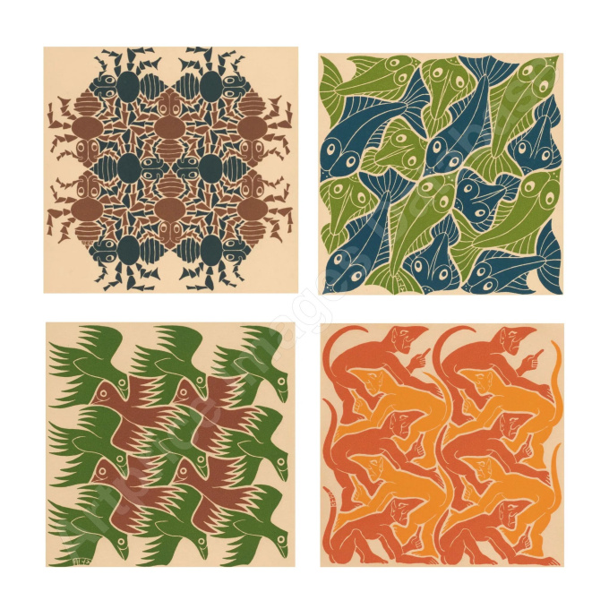 Nieuwjaarskaarten voor 1953-54-55-56 met de 4 elementen (i.o.v. Eugene en Willy Strens) by Maurits Cornelis Escher