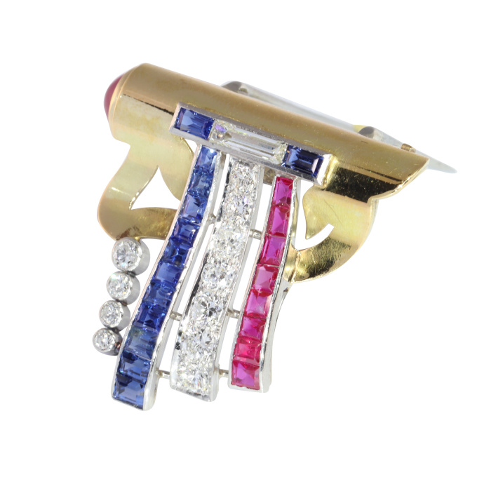 1950s Patriotic Brooch with Diamonds, Rubies, and Sapphires – Symbol of Liberty and Unity by Artiste Inconnu