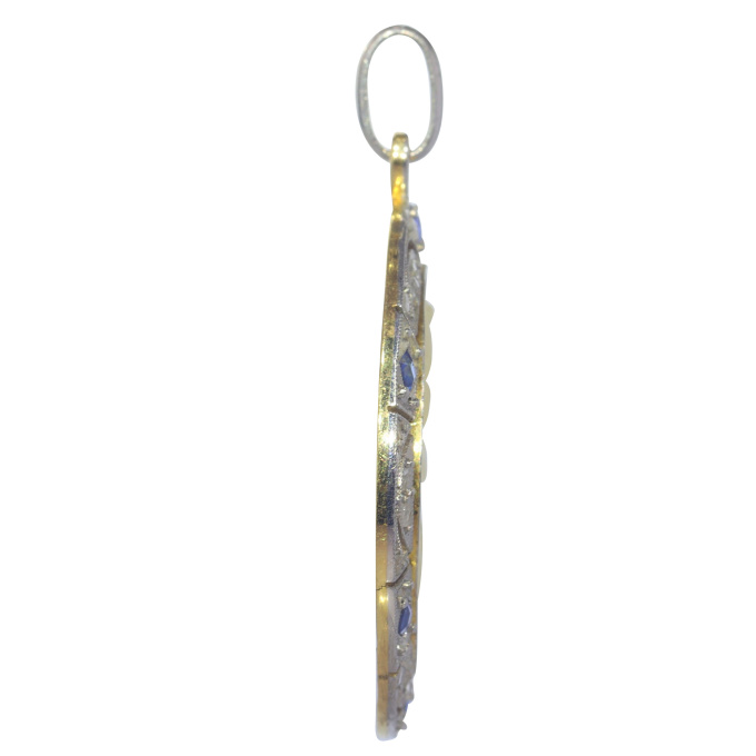 Vintage 1920's Edwardian - Art Deco diamond and sapphire Mother Mary and baby Jesus medal by Artista Desconocido