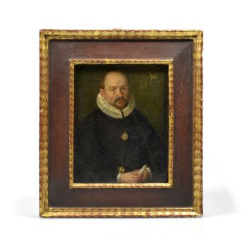 Portrait of a man with two Gnadenpfennigs, likely Wilhelm Daser (1566-1639) by Onbekende Kunstenaar