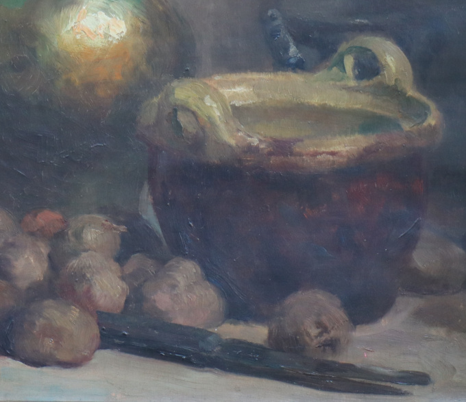 Still Life, copper kettle, jar and potatoes by Julien T´ Felt