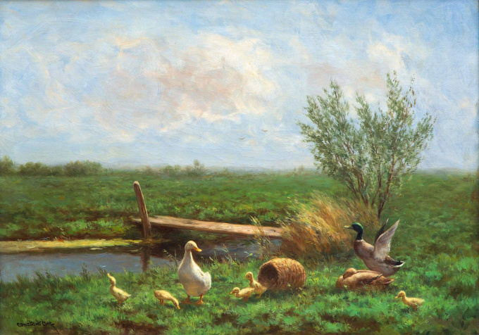 Eendenfamilie langs de rietkraag by Constant Artz