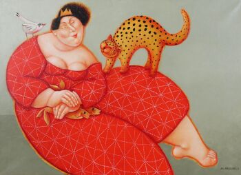 Woman with Cat, Bird and Fish by Ada Breedveld