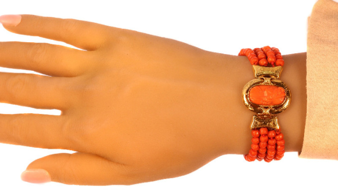 Antique Victorian coral cameo bracelet with faceted coral beads by Artiste Inconnu