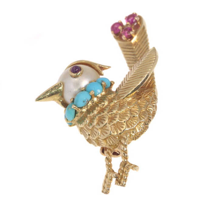 Vintage fanciful Fifties gold bejeweled bird brooch by Artista Desconhecido