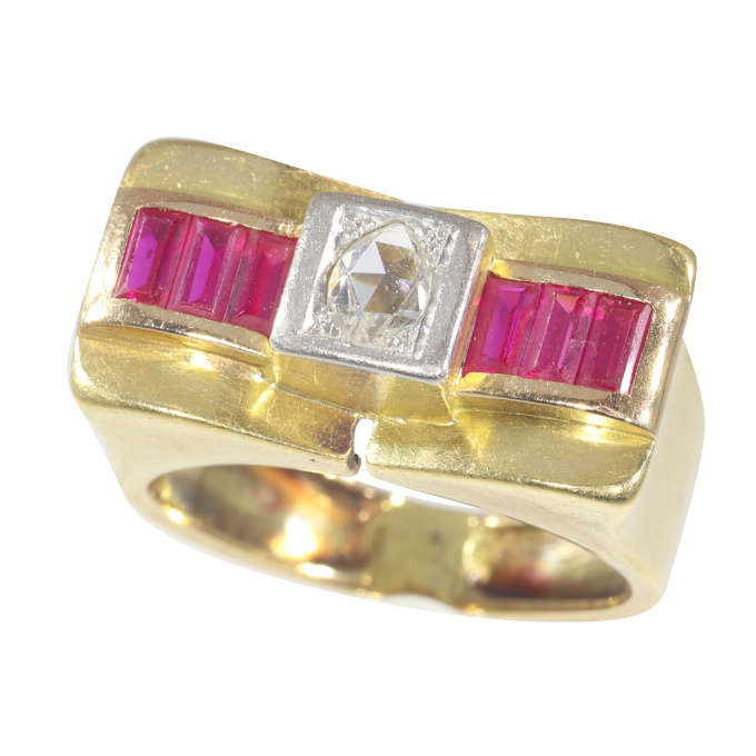 Vintage Forties Retro diamond and ruby so-called bow ring by Onbekende Kunstenaar