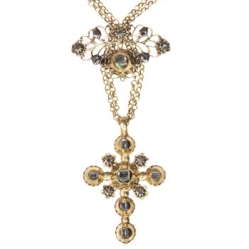 18th Century gold and diamond cross on necklace with table rose cut diamonds by Unbekannter Künstler
