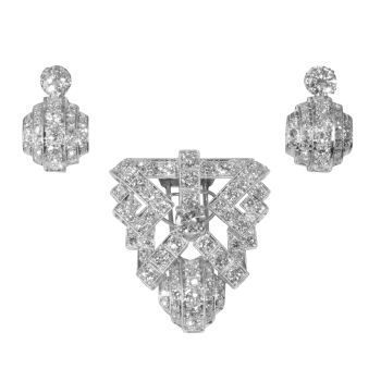 Vintage Fities Art Deco platinum and diamonds parure set brooch and earrings by Unknown artist