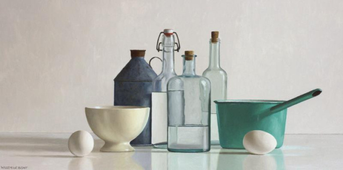 Three bottles, jug, pan, bowl and two eggs by Artista Sconosciuto