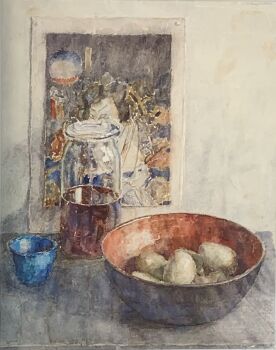 Still life with red bowl, blue salt cellar, weck jar and Japanese print by Rudolf de Bruyn Ouboter