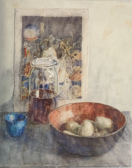 Still life with red bowl, blue salt cellar, weck jar and Japanese print by Rudolf de Bruyn Ouboter