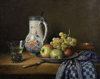 Stilleven met Delftse kan, schaal met appels en druiven en blauw-wit geruite keukendoek by Cornelis Le Mair