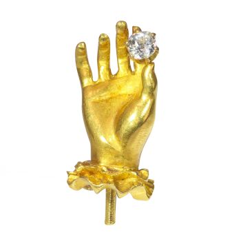 Antique 18K yellow gold tiepin hand holding an old mine cut diamond by Unknown artist