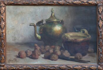 Still Life, copper kettle, jar and potatoes by Julien T´ Felt