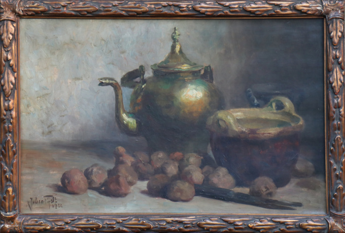 Still Life, copper kettle, jar and potatoes by Julien T´ Felt