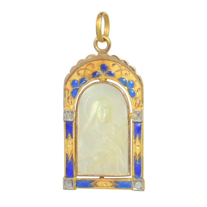 Vintage antique 18K gold mother-of-pearl medal Mother Mary with the miracle of the roses - set with diamonds and plique-a-jour enamel by Unknown artist