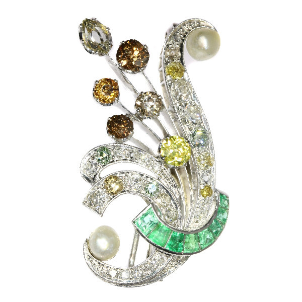 Vintage fancy color diamonds platinum bouquet or feather pendant/brooch by Artiste Inconnu