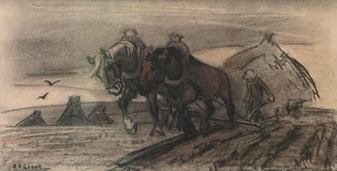 Plowing farmer in Limburgs landscape. by Adriaan Herman Gouwe