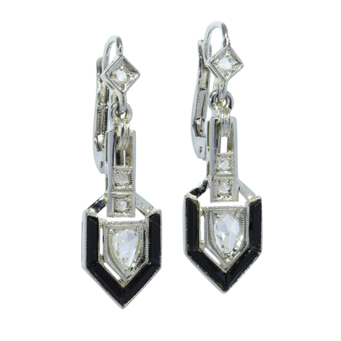 Art Deco Diamond and Onyx Earrings with Pear Shaped Diamond Drops by Artista Sconosciuto