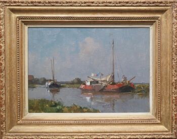 Tjalk die voor anker ligt by Cornelis Vreedenburgh