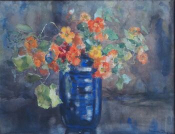 Flower still life of a nasturtium in a blue vase by Herman Bogman jr.