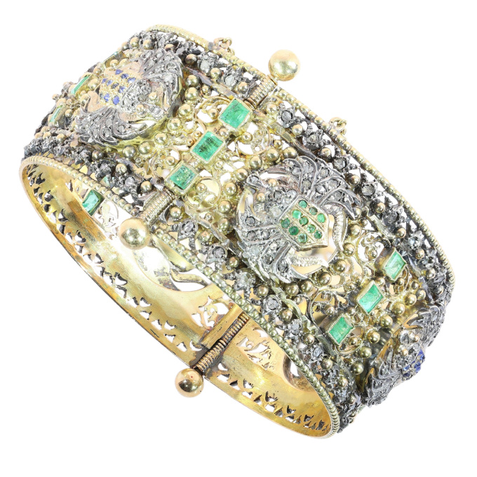 Victorian Neo Egyptian Hinged Bangle with Diamond and Gem Set Scarabs by Artiste Inconnu