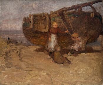Moeder met kinderen bij bomschuit by Bernardus Johannes Blommers