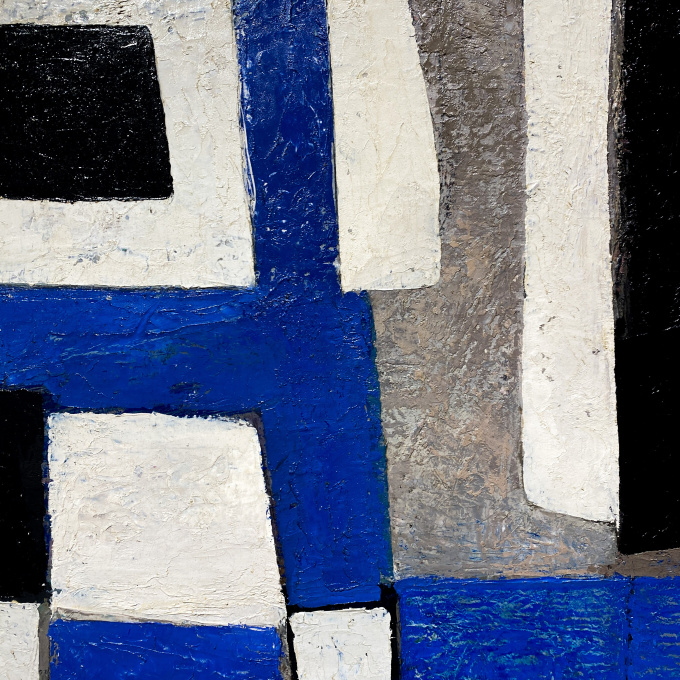 Mid-Century Modern Dutch Oil Painting "Composition in White, Black and Blue" by Georg Ruyter