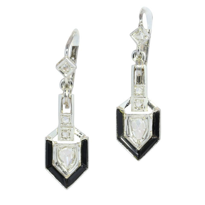 Art Deco Diamond and Onyx Earrings with Pear Shaped Diamond Drops by Artista Sconosciuto