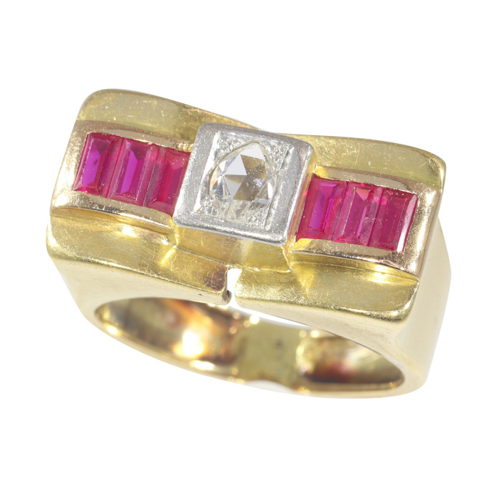 Vintage Forties Retro diamond and ruby so-called bow ring by Onbekende Kunstenaar