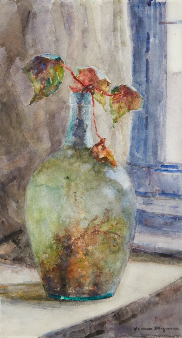 Still life with bottle and leaves by Herman Bogman jr.