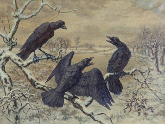 Crows in a tree by Huibert Antonie Ravenswaaij