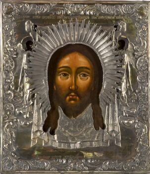 Russian wooden icon with silver rizza: The Holy Mandulion by Unknown artist