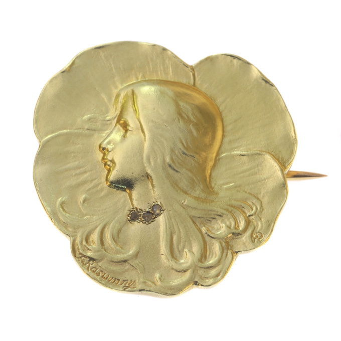 Art Nouveau brooch lady's head signed Rasumny by Unbekannter Künstler