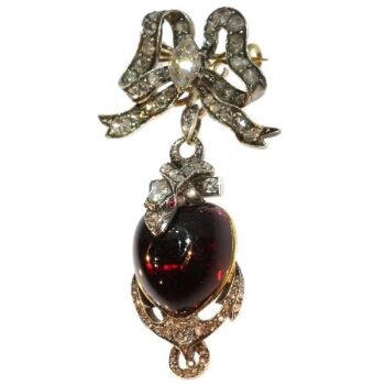 Early-Victorian diamond brooch-pendant medallion large heart shaped garnet cabochon snake anchor and bow by Unknown artist