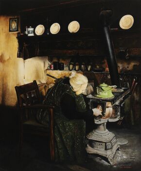 Boerin stookt kachel by Jan Teunissen