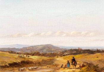 Panoramisch landschap met boeren en jagers en stad in de verte by Johannes Tavenraat