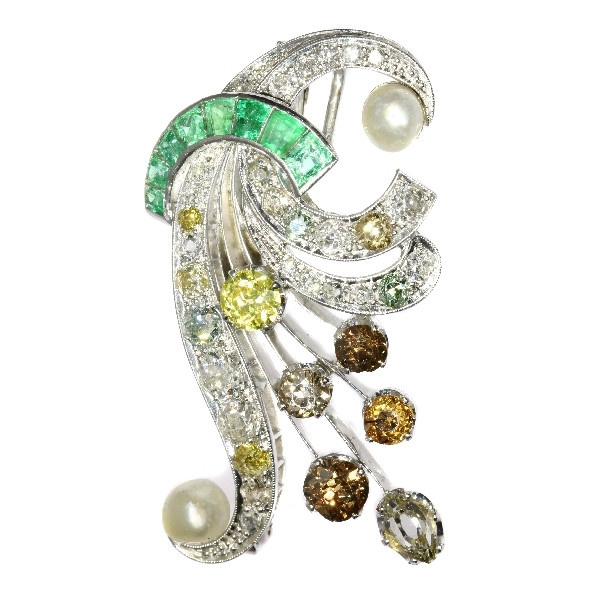 Vintage fancy color diamonds platinum bouquet or feather pendant/brooch by Artiste Inconnu