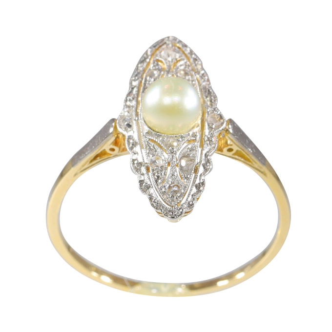 Vintage Edwardian Art Deco diamond and pearl marquise shaped ring by Unbekannter Künstler