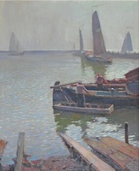 Botter met vissersschepen by Anthonie Pieter Schotel