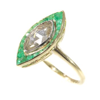 Art Deco Vintage engagement ring large marquise rose cut diamond and emeralds by Unknown artist